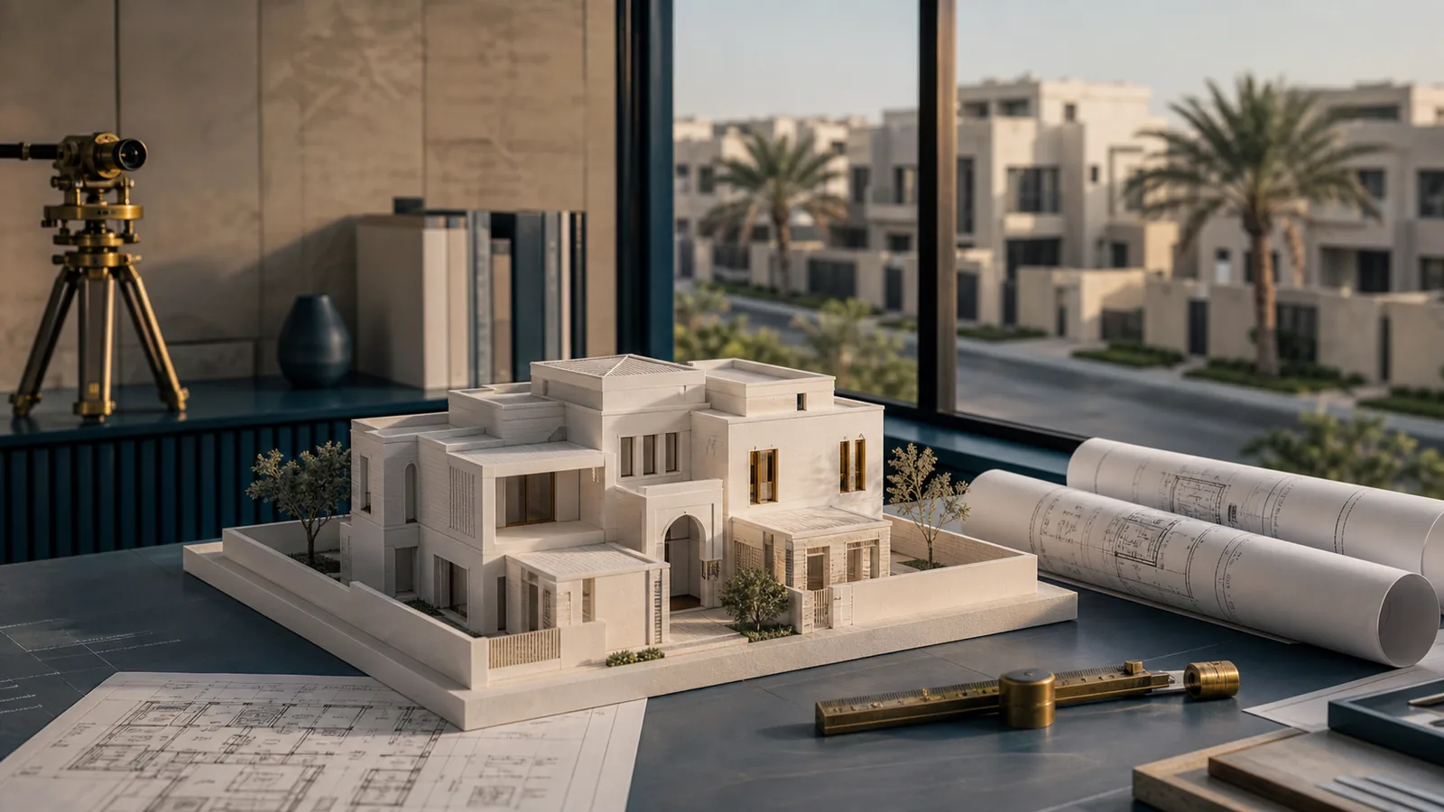 مهندس يراجع مخططات رخصة بناء لمشروع سكني في الرياض